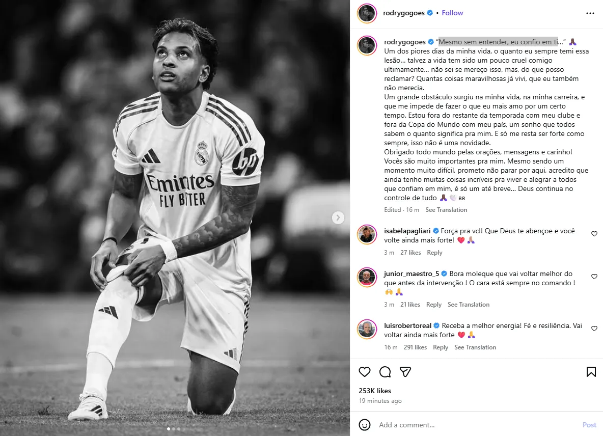 赛季报销+无缘世界杯,罗德里戈:这不是告别,只是暂时离开